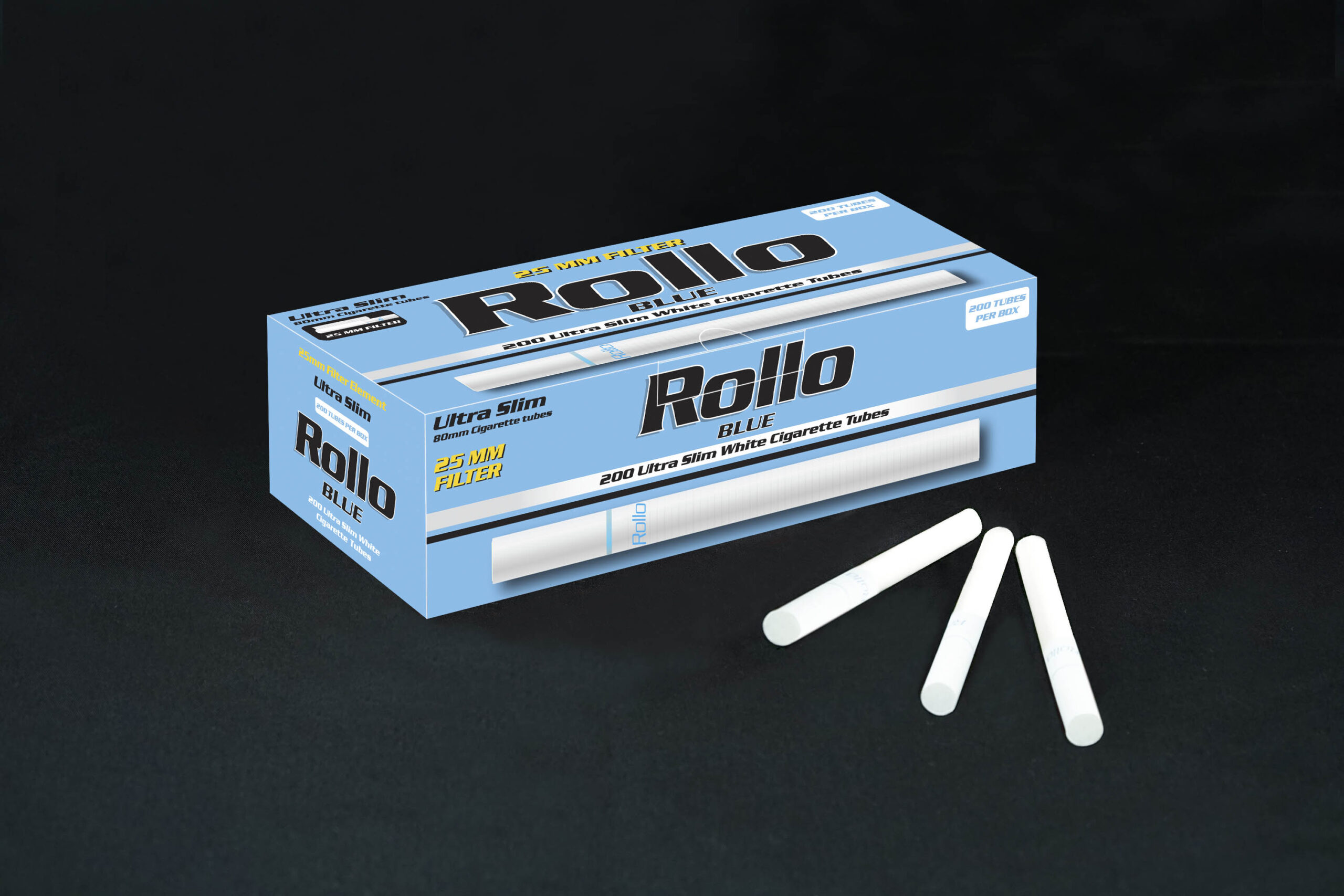 Ultra Slim Cigarette Tubes Rollo Blue 200 CT 25mm filter length
